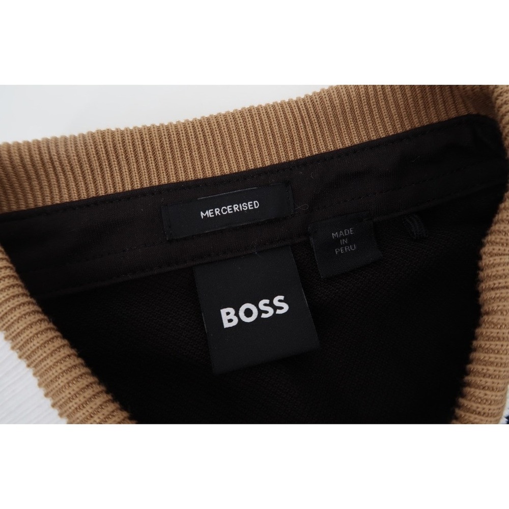 Hugo Boss Prout Polo Shirt Mens Medium Black Tan Striped Pique Contrast Collar - Picture 3 of 13